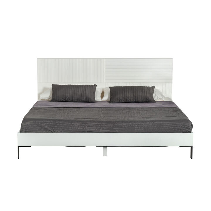 Noe Shin Full Size Platform Bed, Panel Headboard, White Matte Finish - Benzara