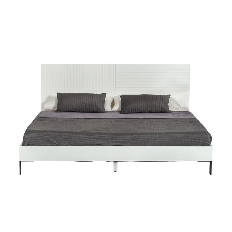 Noe Shin Full Size Platform Bed, Panel Headboard, White Matte Finish - Benzara