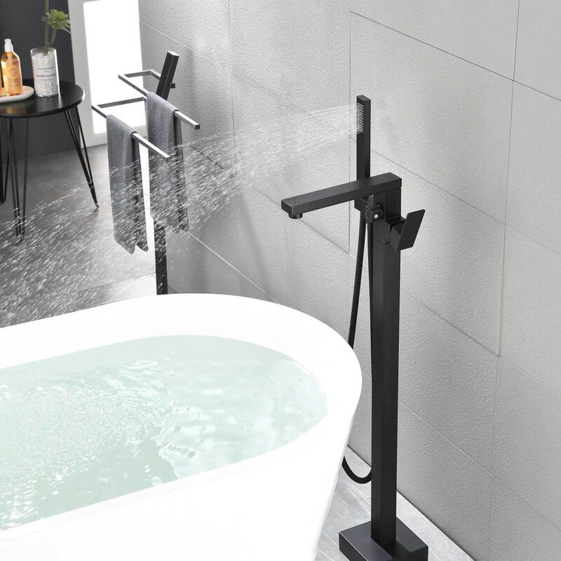 Matte Black Floor Mount Tub Filler with Hand Shower
