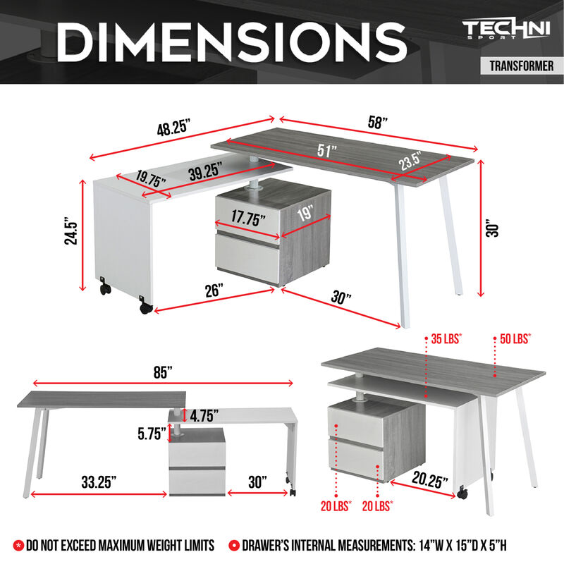 Rotating Multi-Positional Modern Desk, Grey