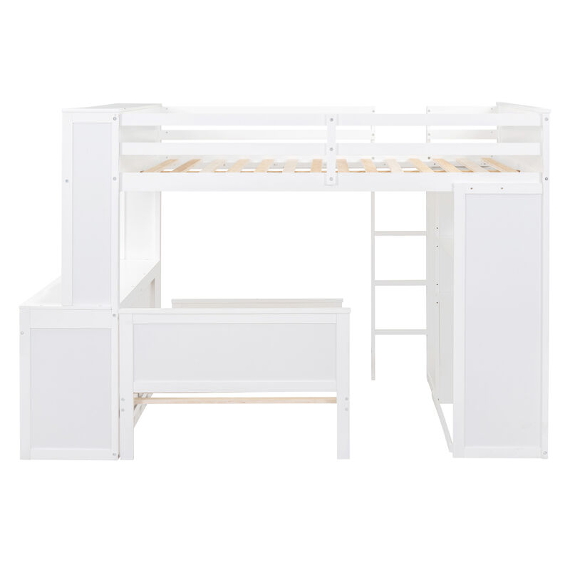 Full Size Loft Bed With A Twin Size Stand-Alone Bed, Shelves, Desk, And Wardrobe