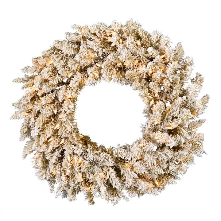 Vickerman  24 in. Frosted Gold Wreath with Dura-Lit 50 LED Warm White Mini Lights