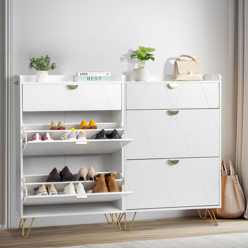 Elegant Entryway Shoe Cabinet, V-Carved Doors with 2 Drawers & Flip-Top Storage