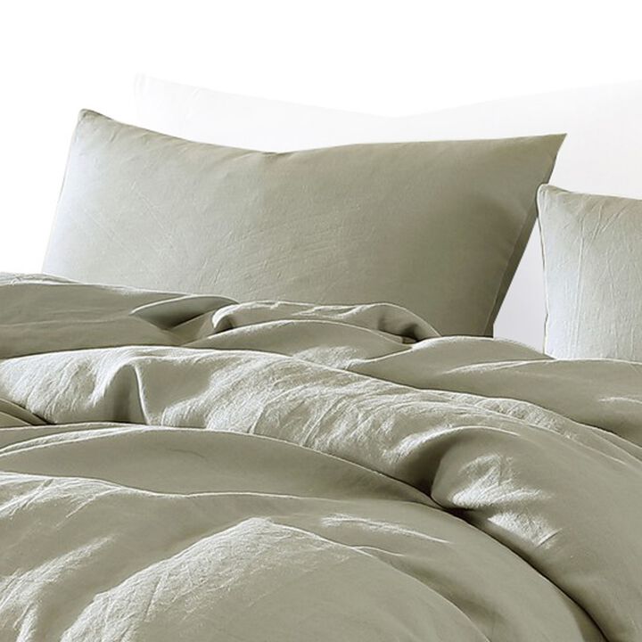 Edge 4 Piece Queen Size Duvet Comforter Set, Washed Linen, Sage Green - Benzara