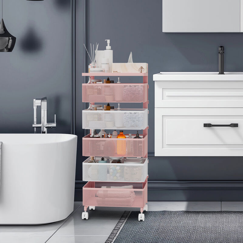 Rotating Kitchen Storage Rack with Handle, Fruit Vegetable Storage Shelf, Rolling Storage Cart, Multifunctional Household Shelf for Bedroom, Bathroom, Living Room