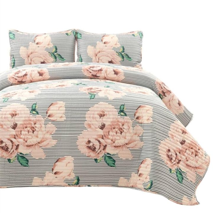 Hivvago Full/Queen Size Polyester Black White Striped Rose Floral 3 Piece Quilt Set