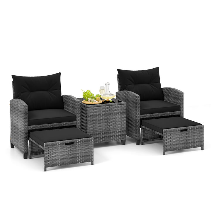 5 Piece Patio Rattan Furniture with 2 Ottomans and Tempered Glass Coffee Table