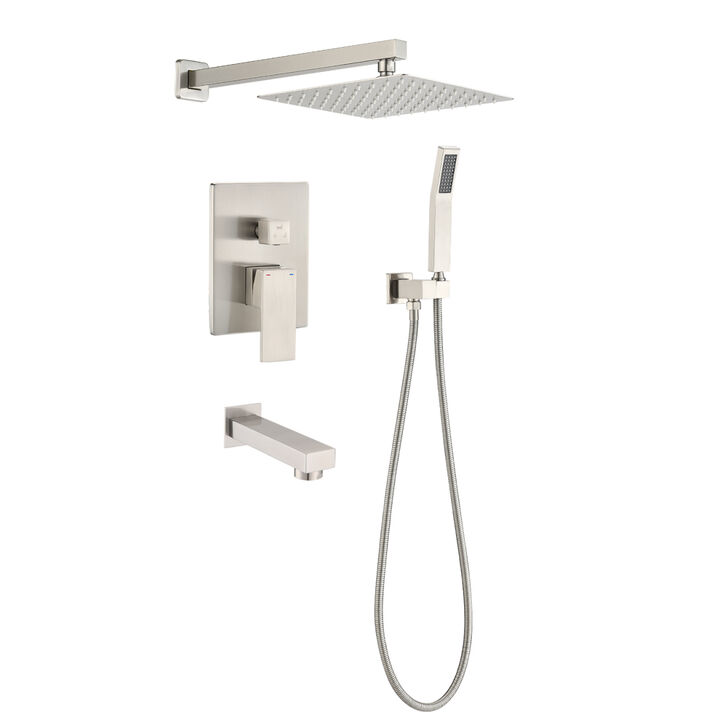 Brushed Nickel Shower System 12 Inch Brass Bathroom Deluxe Rain Mixed Shower Combination Set