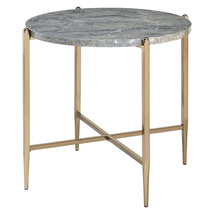 End Table with Oval Marble Top and X Shaped Support, Gray and Gold-Benzara