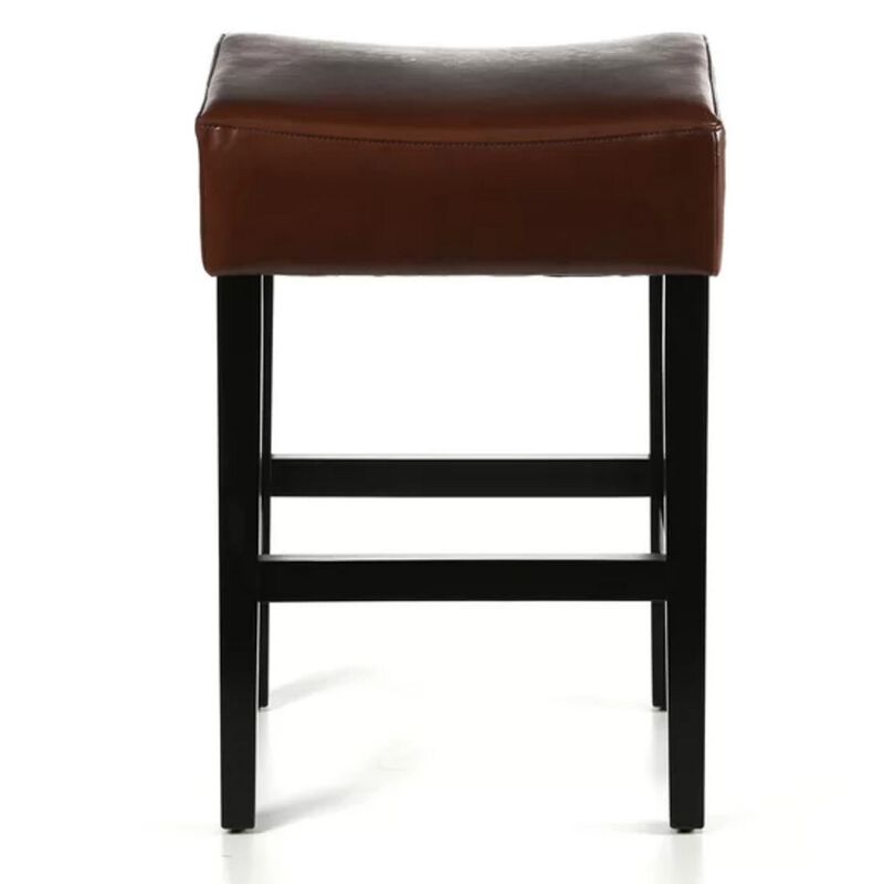 Piya Counter Stool Set of 2, Backless, Brown Bonded Leather, Black Legs - Benzara