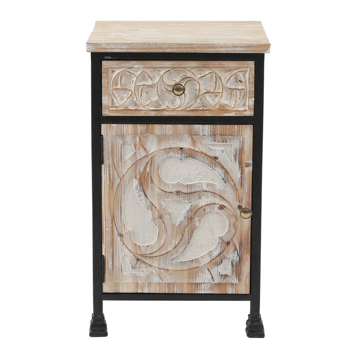 LuxenHome Black Metal Frame and Carved Wood 1-Door 1-Drawer End Table with Storage