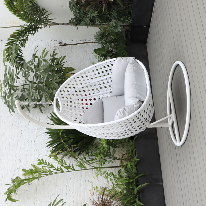 LeisureMod White Wicker Hanging Egg Swing Chair - Modern Outdoor Patio Chair for Porch, Balcony & Garden | Comfortable, Stylish, Durable