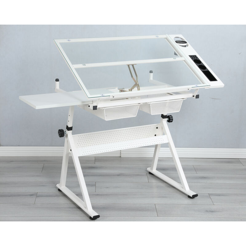 White Adjustable Tempered Glass Drafting Printing Table With Chair