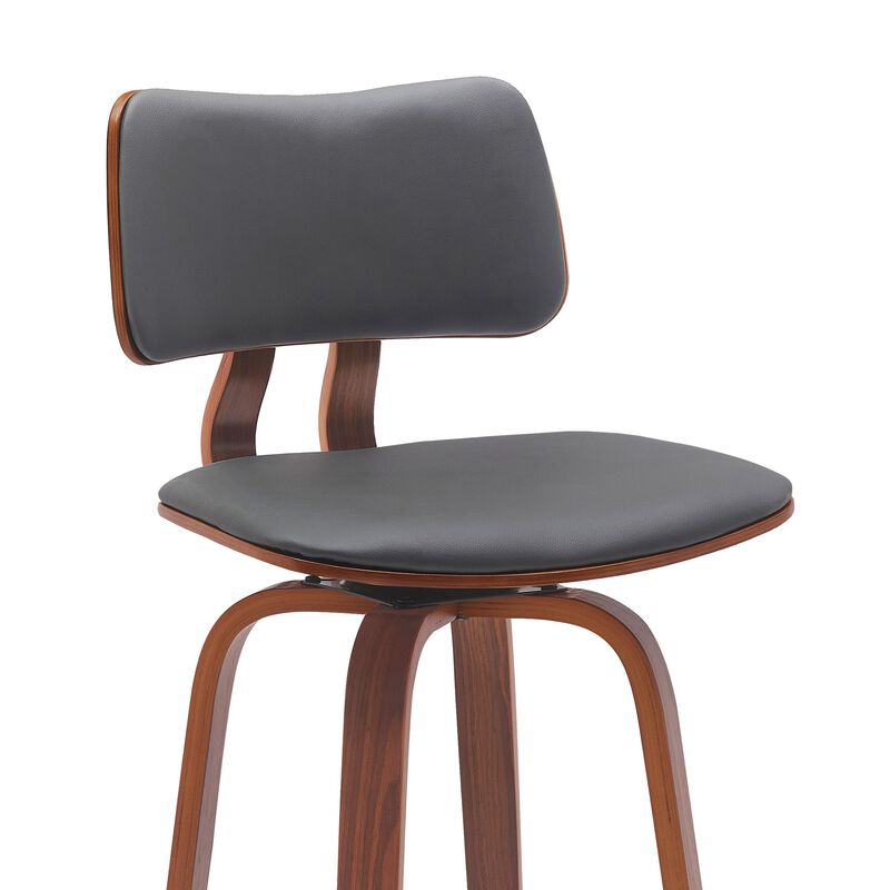 Pino 26 Inch Swivel Counter Stool Chair, Gray Faux Leather, Walnut Brown - Benzara