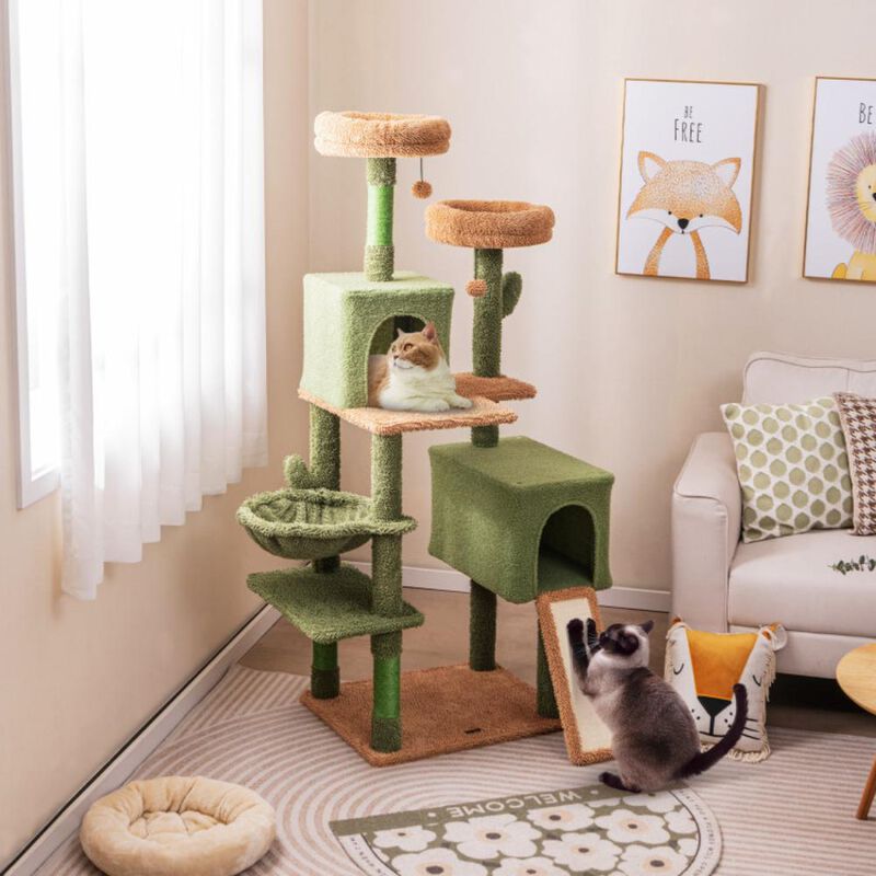 Hivvago Multi-level Cactus Cat Tree with Scratching Posts Ladder Double Condos and Toys Bed