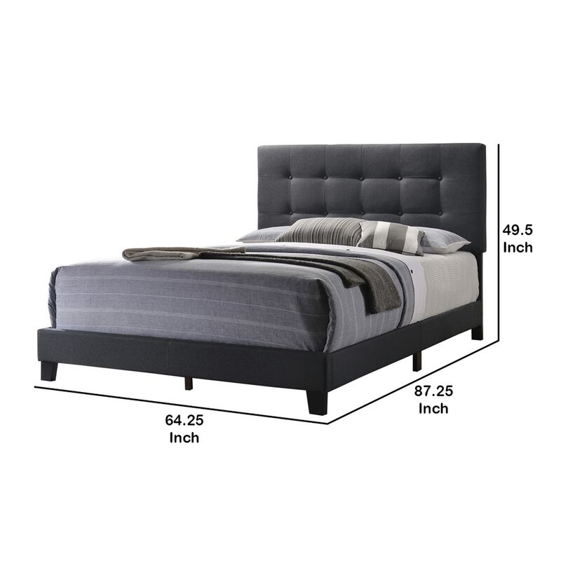 Queen Size Bed with Square Button Tufted Headboard, Dark Gray-Benzara