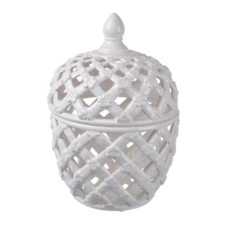 Decorative Ceramic Lidded Jar with Cut Out Texture, Large, White - Benzara