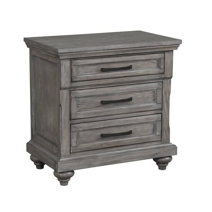 Demi 29 Inch Wood Nighstand with 3 Drawers, Metal Bar Handles, Oak Gray - Benzara