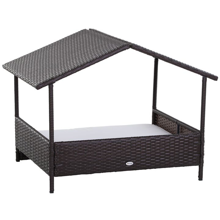 Cream Pet Paradise: Wicker Elevated Dog Bed with Rattan Canopy