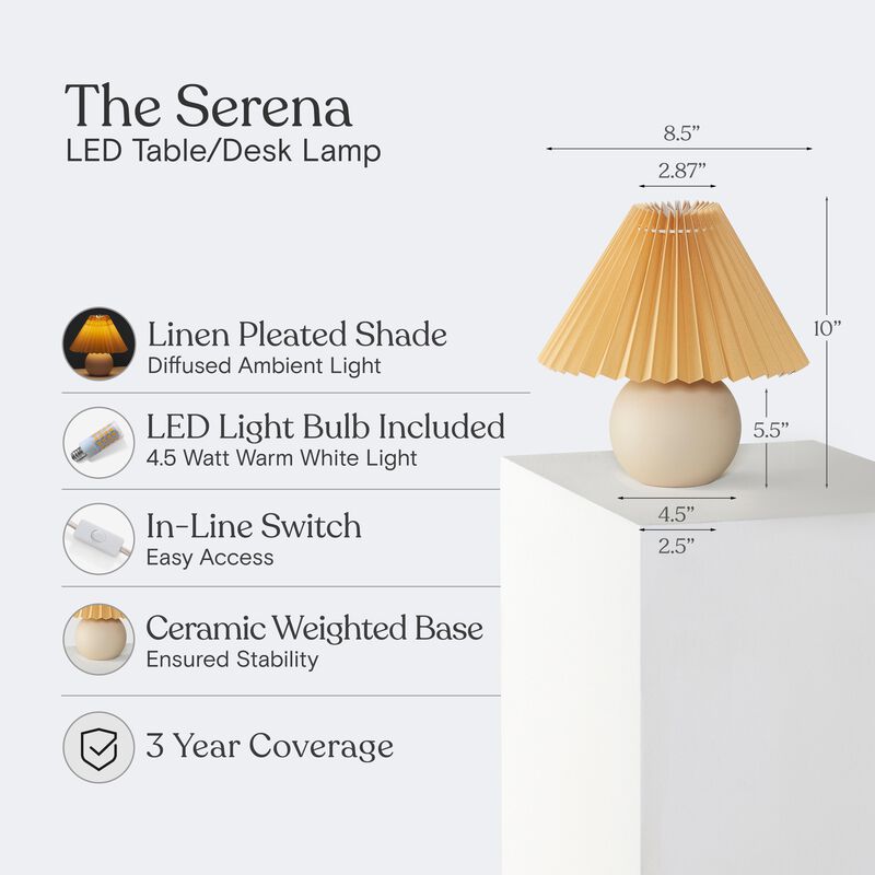 Brightech Serena Ceramic LED Table Lamp - Retro Asian-Inspired Orange Globe Base with Cream Pleated Shade - Compact, Energy-Efficient Light for Rustic, Boho, and Eclectic Decor