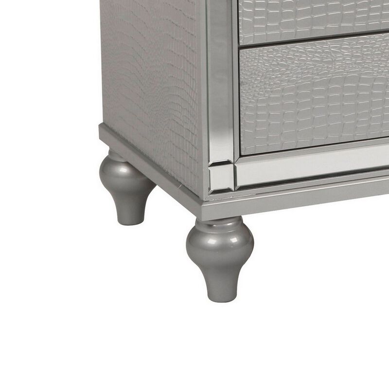 3 Drawer Wooden Nightstand with Mirror Accents and Faux Crystal Pulls, Gray - Benzara