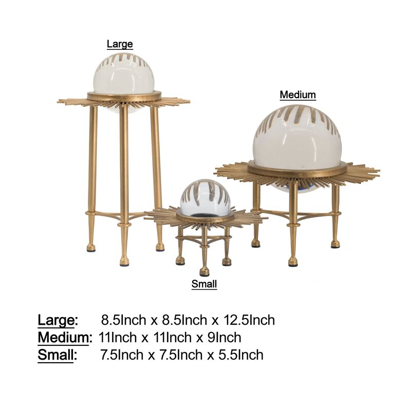 12, 9, 8 Inch Set of 3 Crystal Balls, Decorative Accent, Gold - Benzara