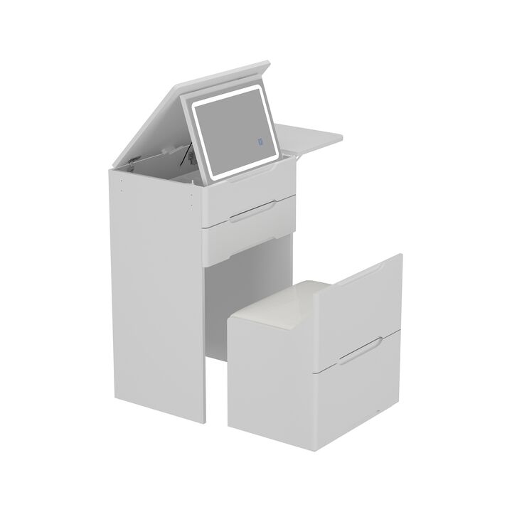 Makeup Vanity Table With Flip Top Desktop, LED Lighted, Storage Makeup Stool, Side Shelves