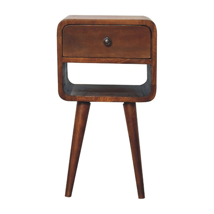 Mini Chestnut Curved 1 Drawer Nightstand  with Lower Slot