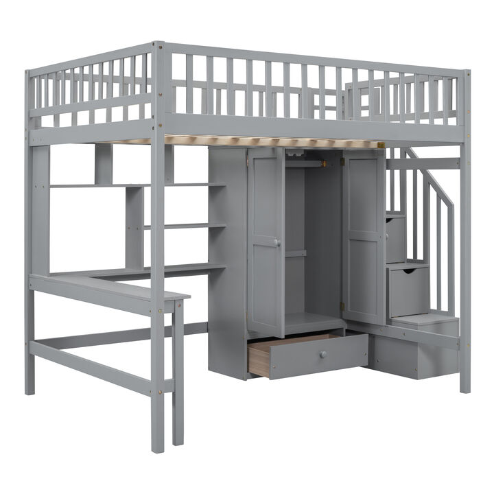 Full Size Loft Bed With Bookshelf, Drawers, Desk, And Wardrobe