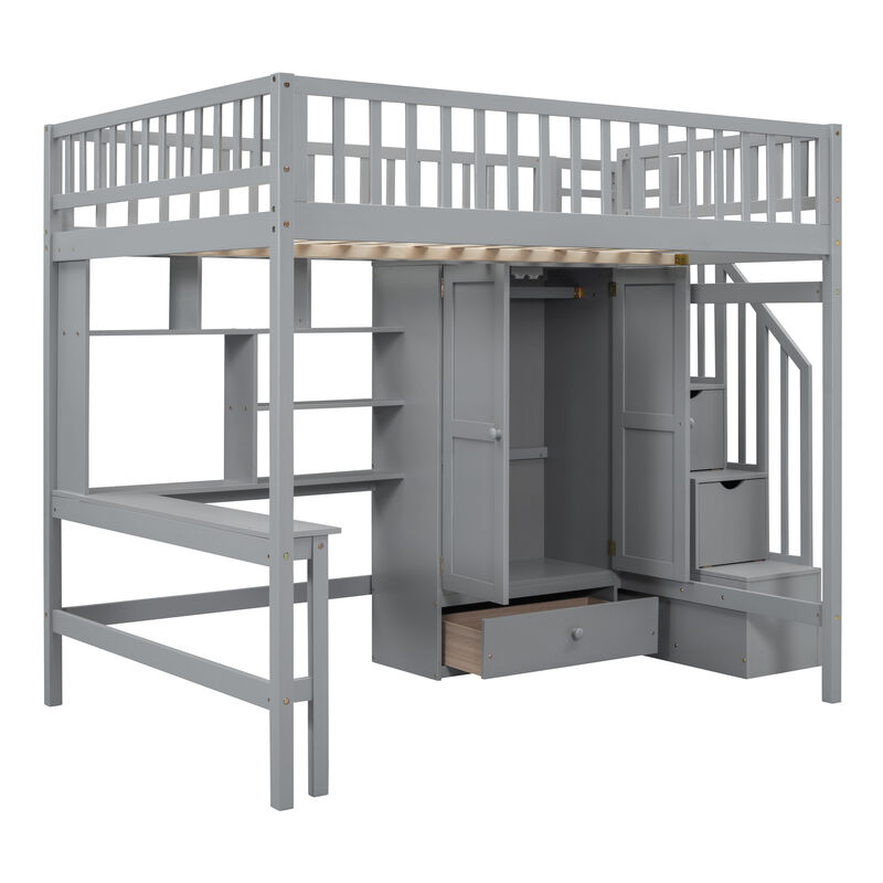 Full Size Loft Bed With Bookshelf, Drawers, Desk, And Wardrobe