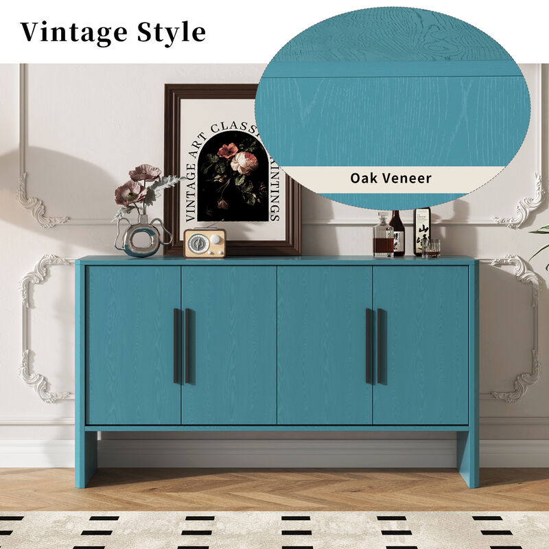 Clihome Sideboard Buffet Cabinet with Storage, Retro Sideboard Cabinet with Adjustable Shelves and Long Handles, 4-Door Wood Sideboard for Kitchen, Dining Room and Living Room (Antique Blue)