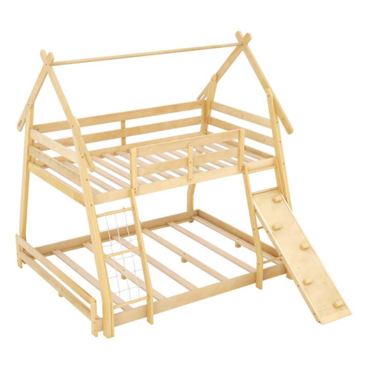 Hivvago Twin Over Queen Bunk Bed Wooden Kids Bed with Climbing Nets and Ramp
