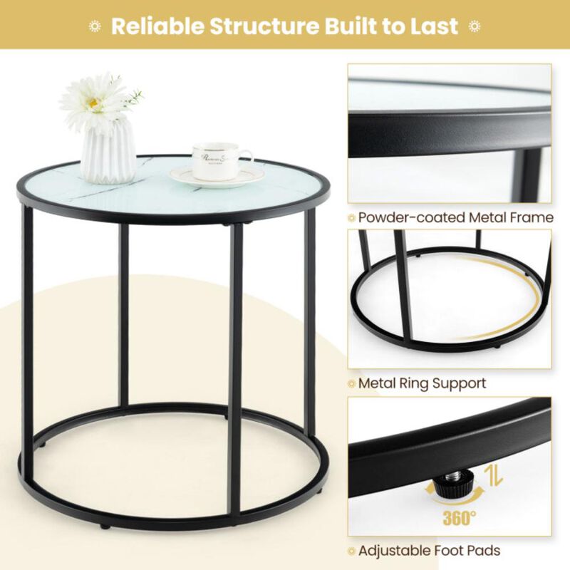 Hivvago 20 Inch Glass End Table with Metal Frame and Faux Marble Glass Top