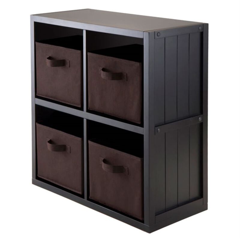 Timothy Collection 2x2 Shelving Unit with 4 Chocolate Fabric Baskets - Modern Design, Durable Wood, Sleek Black Finish, Versatile Storage Solution
