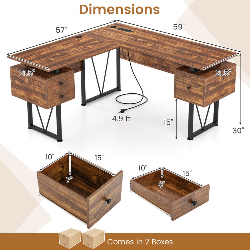 L-Shaped Computer Desk with Power Outlets and 3 Spacious Storage Drawers