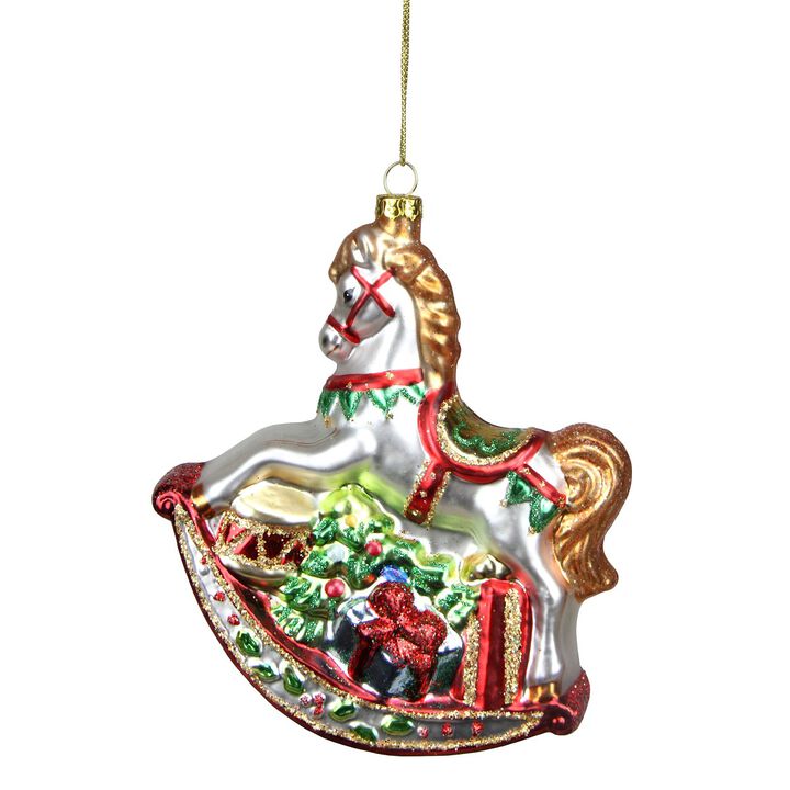 5" White and Red Rocking Horse with Gifts Glass Christmas Ornament
