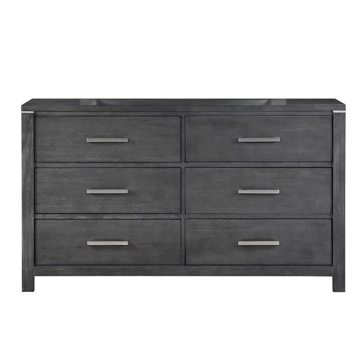 Benjara Tal 62 Inch Dresser, 6 Drawers Handles, Charcoal Finish, Gray, Chrome