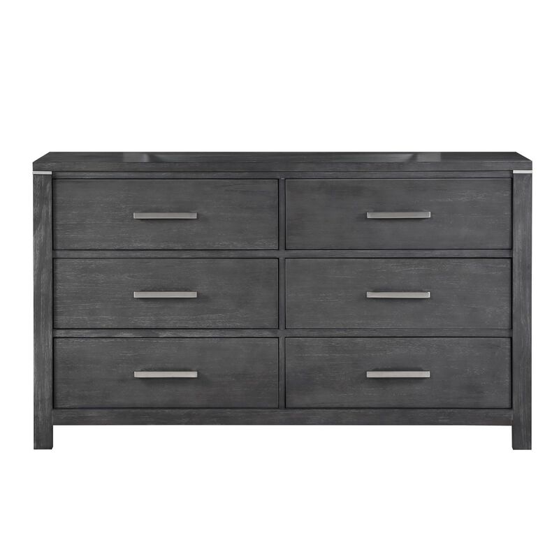 Benjara Tal 62 Inch Dresser, 6 Drawers Handles, Charcoal Finish, Gray, Chrome