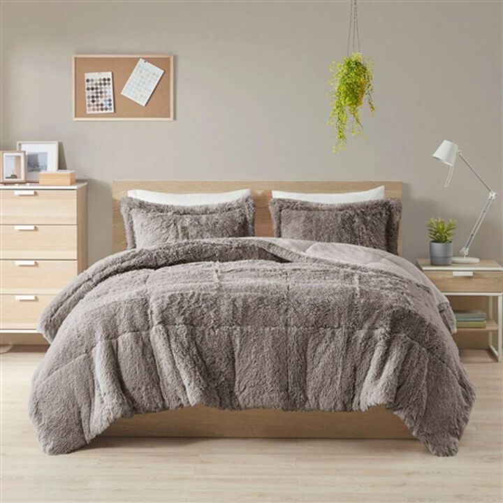 Hivvago King/CAL King Grey Soft Sherpa Faux Fur 3 Piece Comforter Set with Pillow Shams
