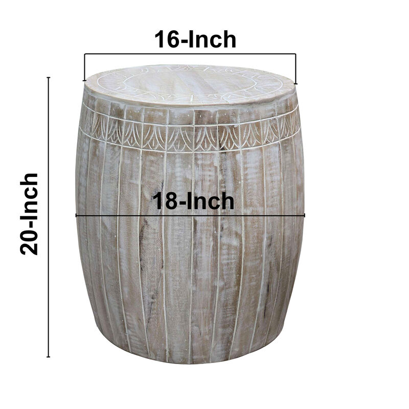 Serenity Barrel Side End Table with 18 Inch Round Top, In Antique White Mango Wood