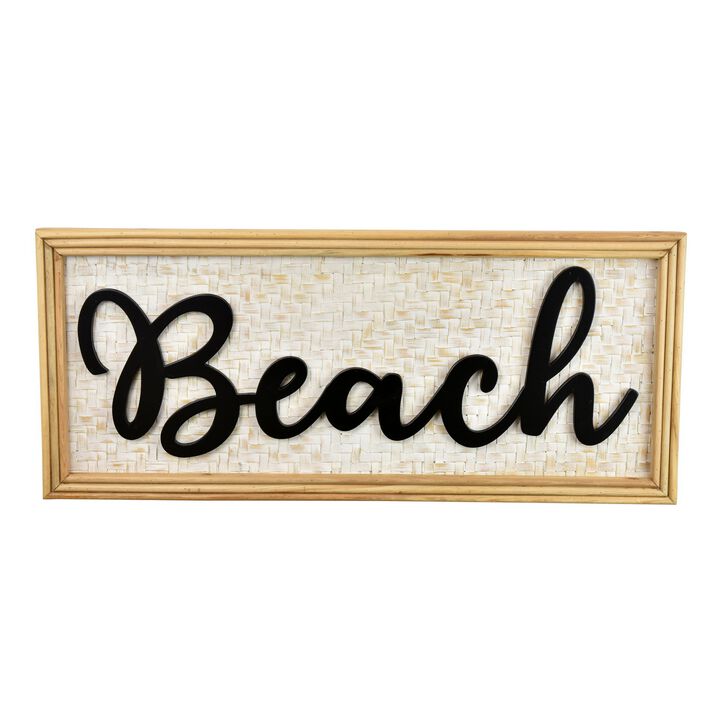 Beach Wall Decor Sign, 28 Inch White Woven Wood Frame, Black - Benzara