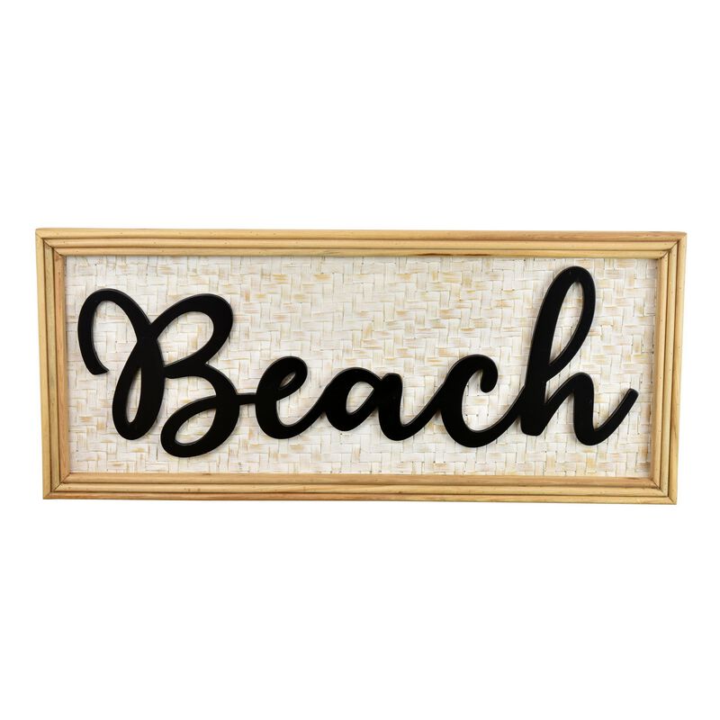 Beach Wall Decor Sign, 28 Inch White Woven Wood Frame, Black - Benzara