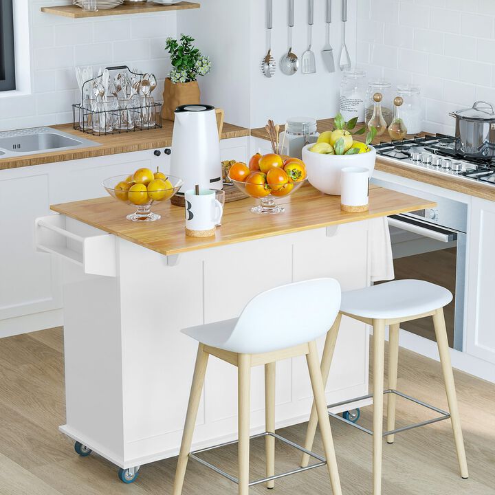 White Kitchen Assistant: Island Cart with Drop Leaf and Storage