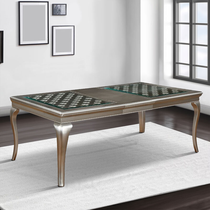 Glass Inserted Wooden Dining Table With Expandable Leaf, Silver - Benzara