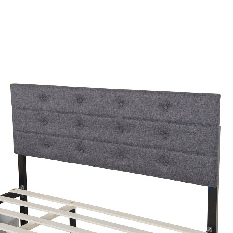 Queen Size Upholstered Linen Fabric Trundle Bed With Drawers Grey