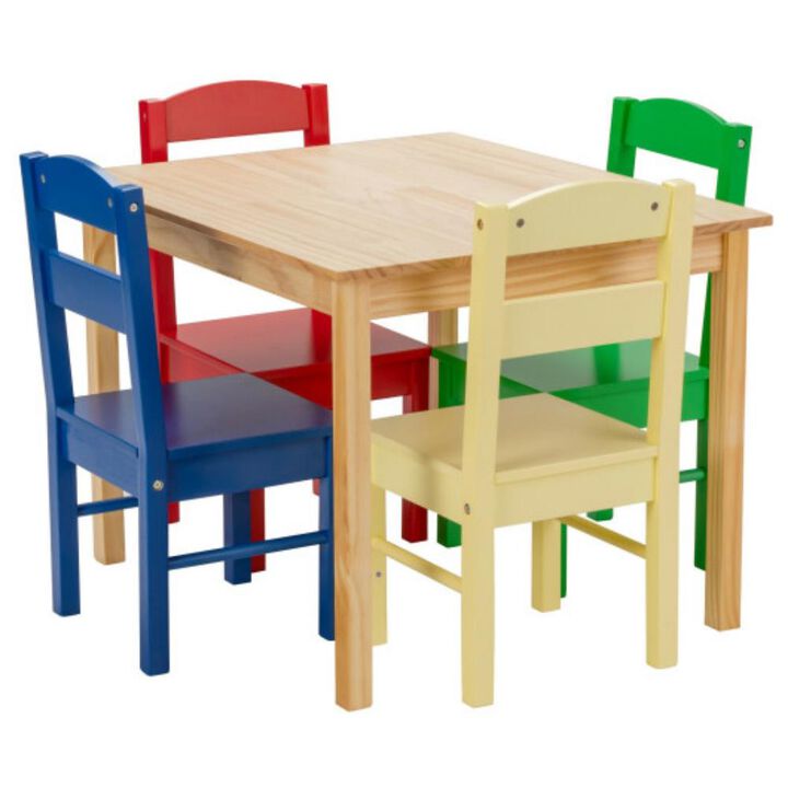 5 pcs Kids Pine Wood Table Chair Set