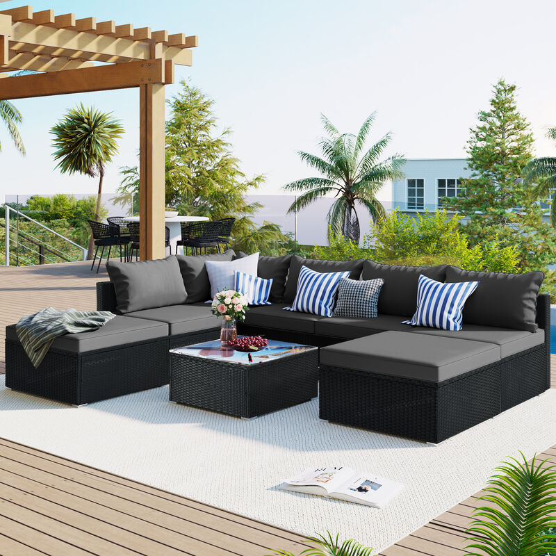 8-Pieces Outdoor Patio Furniture Sets, Garden Conversation Wicker Sofa Set, Single Sofa Combinable