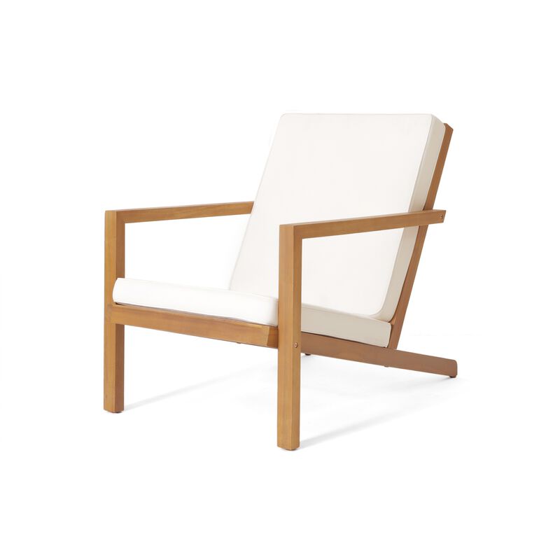 Liah Outdoor Patio Table Set, 2 Chairs, Brown Acacia Wood, Cream Polyester