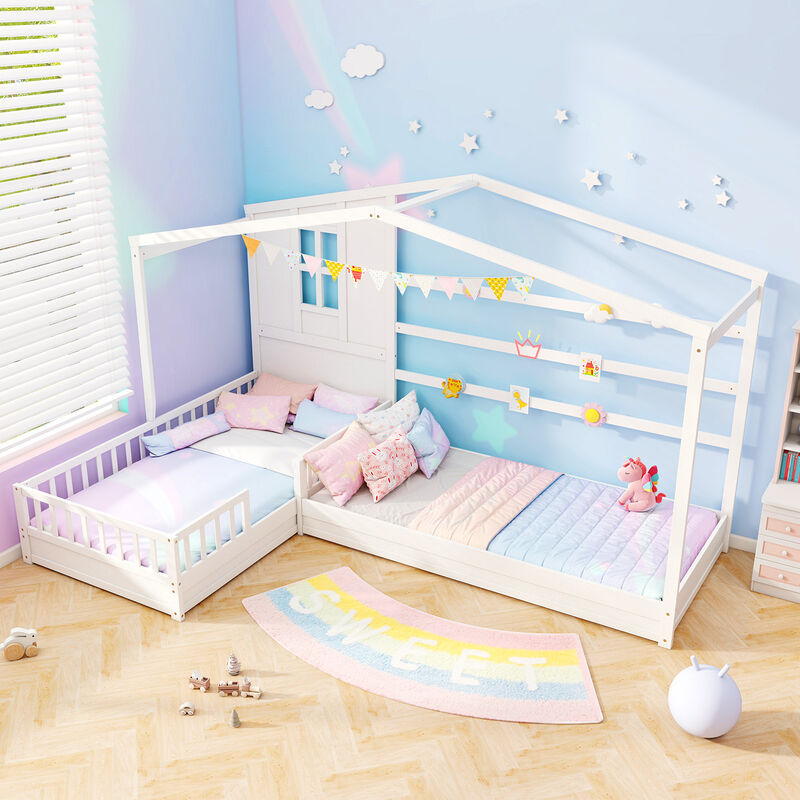 L-shaped Double House Platform Beds with Fences Corner Bed Frame