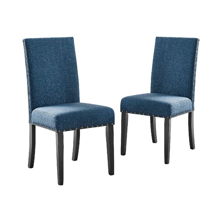 38 Inch Dining Chair with Nailhead Trim, Set of 2, Blue-Benzara